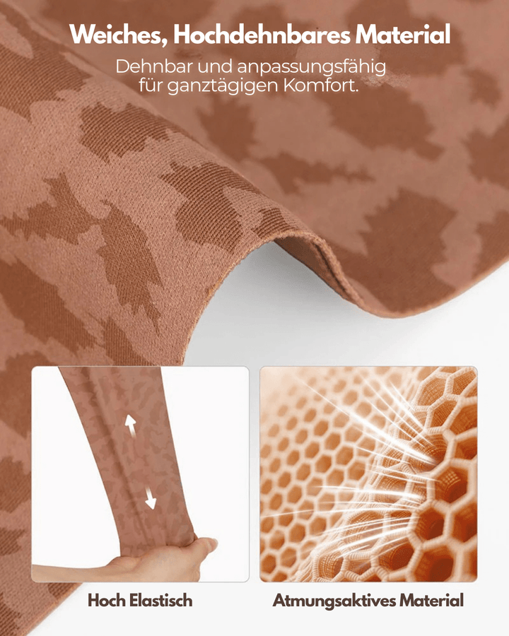 Gros plan sur le tissu souple à motif léopard tonal, avec une main qui l'étire et une texture alvéolée respirante. 2