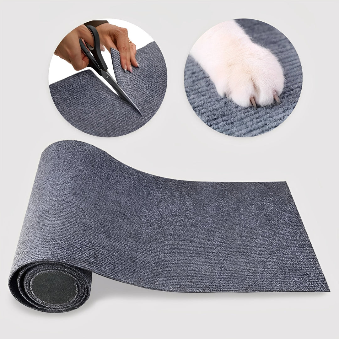 Rouleau de tapis gris déroulé, avec en médaillons une main qui découpe le tapis aux ciseaux et une patte de chat griffant le tissu. 1