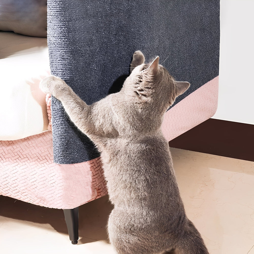 Chat gris dressé sur ses pattes arrière, griffant un tapis gris collé sur l'angle d'un fauteuil rose. 2