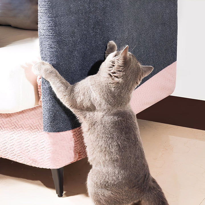 Chat gris dressé sur ses pattes arrière, griffant un tapis gris collé sur l'angle d'un fauteuil rose. 2
