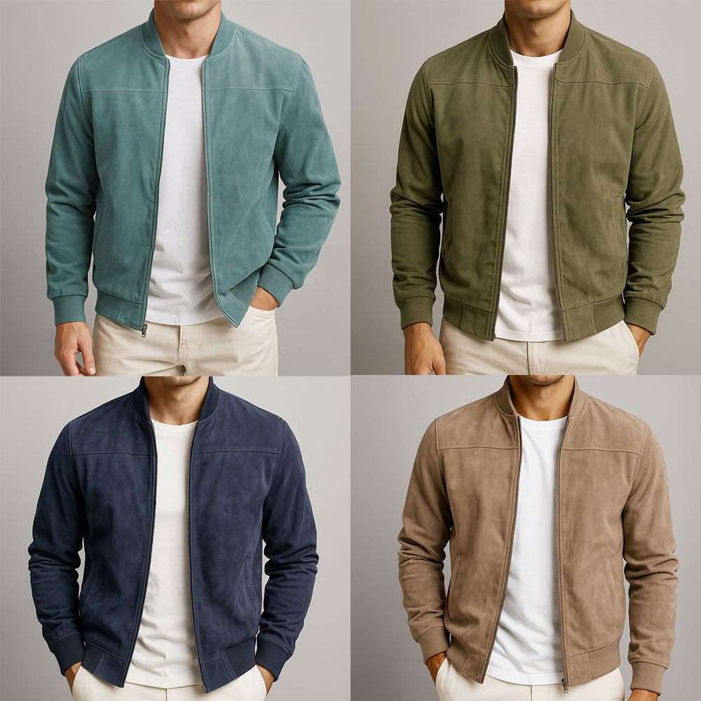 Montage de quatre photos présentant la veste en bleu-vert, vert olive, bleu marine et beige, portée sur un t-shirt blanc. 8