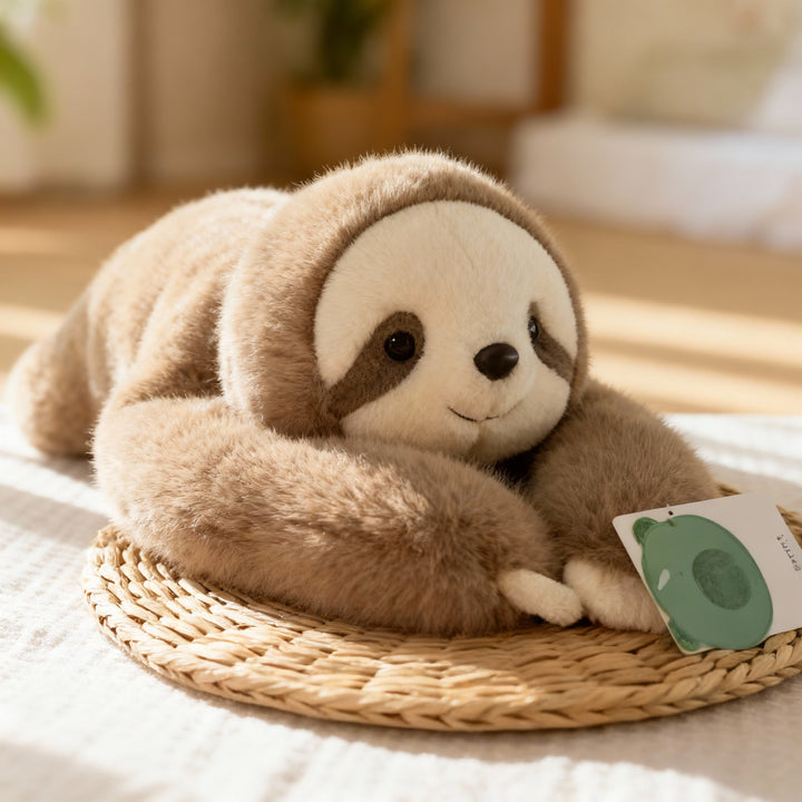 Paresseux en peluche brun et crème allongé sur un set de table en paille, longs bras repliés devant lui, étiquette verte visible. 12
