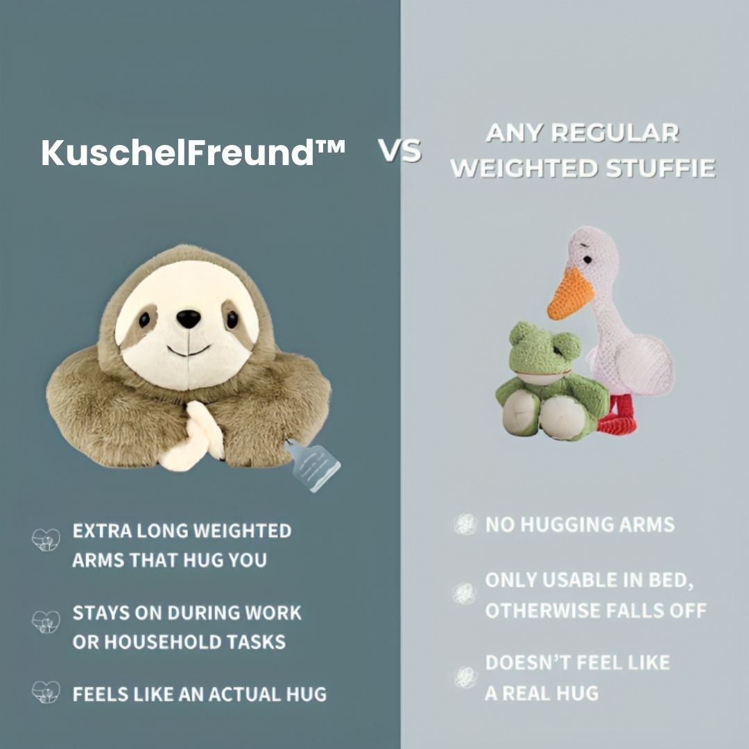 Comparatif entre le paresseux en peluche à longs bras lestés et des peluches lestées classiques, grenouille et oie, sans bras câlins. 3