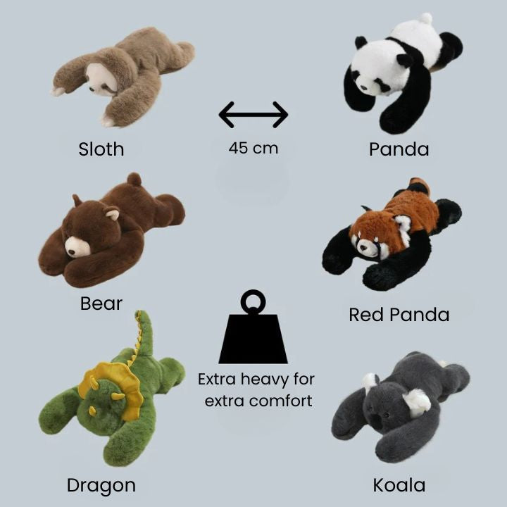 Six peluches à longs bras allongées, paresseux, panda, ours, panda roux, dragon et koala, avec indication de 45 cm et de poids élevé. 8