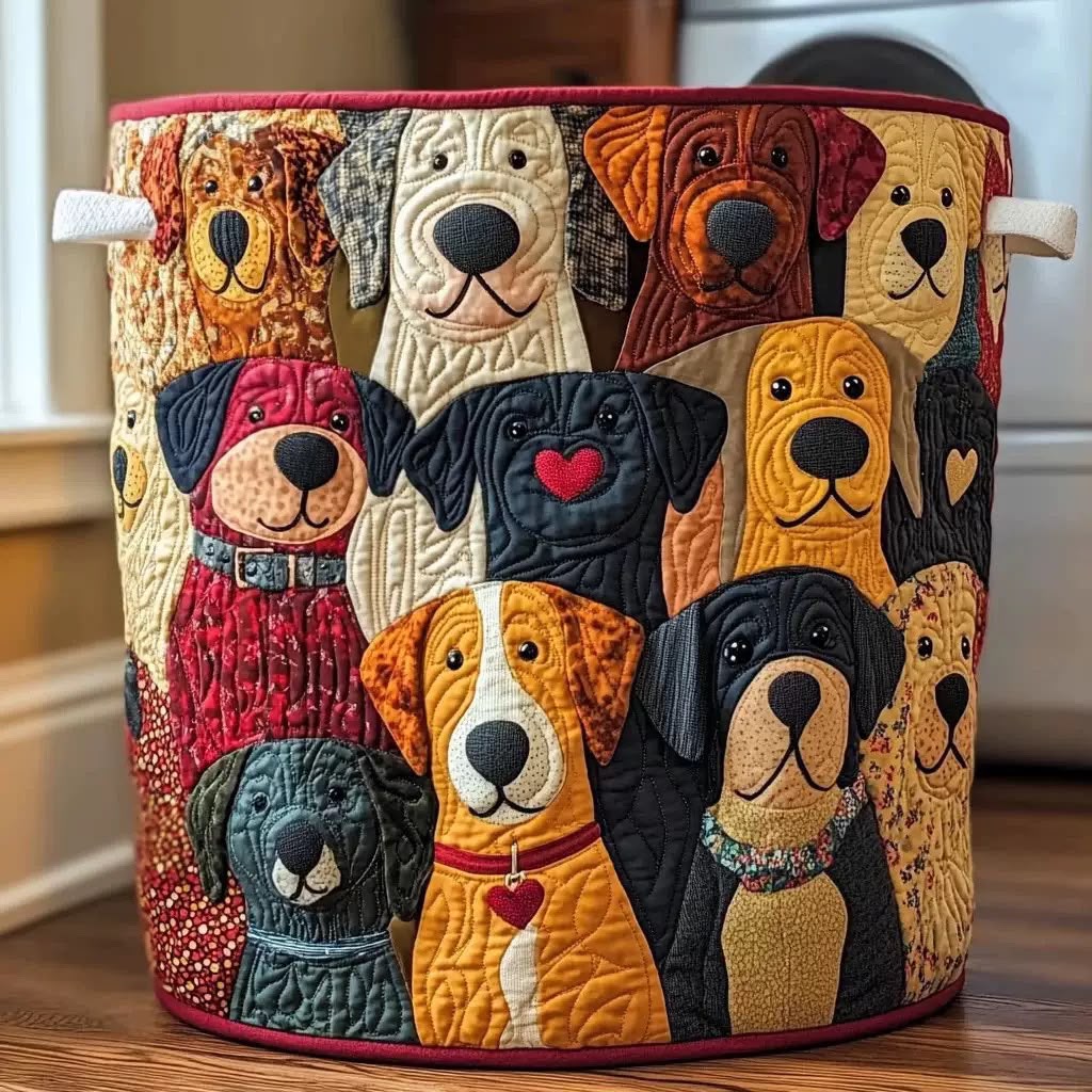 Panier rond en tissu matelassé orné d'un patchwork de chiens colorés, bordure rouge et anses en toile blanche, posé sur un parquet. 1