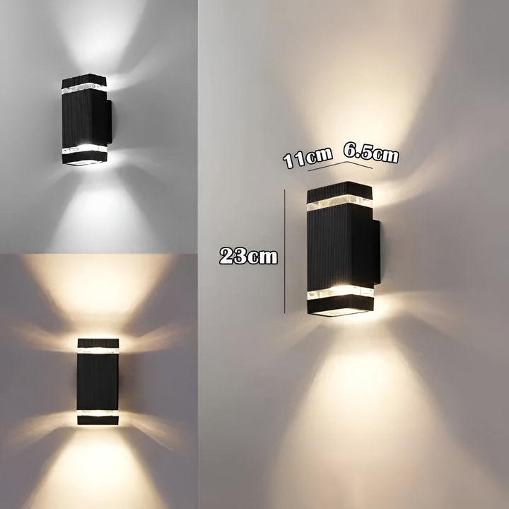Petite applique rectangulaire noire à deux bandes transparentes, 23 cm de haut, 11 cm de large, éclairant en lumière blanche froide et blanche chaude. 9