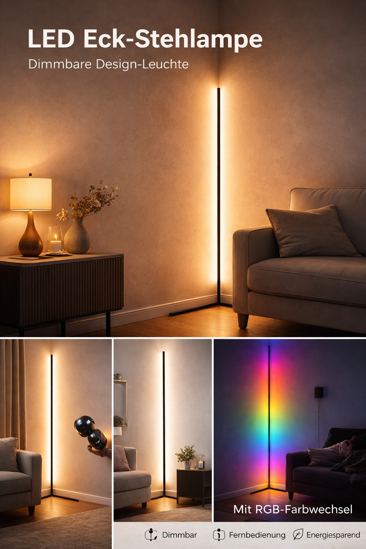 Visuel récapitulatif en quatre vues du lampadaire d'angle : lumière chaude, télécommande tenue en main, éclairage tamisé et mode multicolore. 12