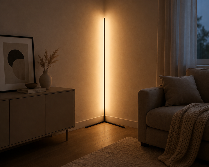 Lampadaire d'angle en lumière chaude et douce dans un salon, près d'un meuble bas, d'un vase et d'un canapé avec plaid. 5