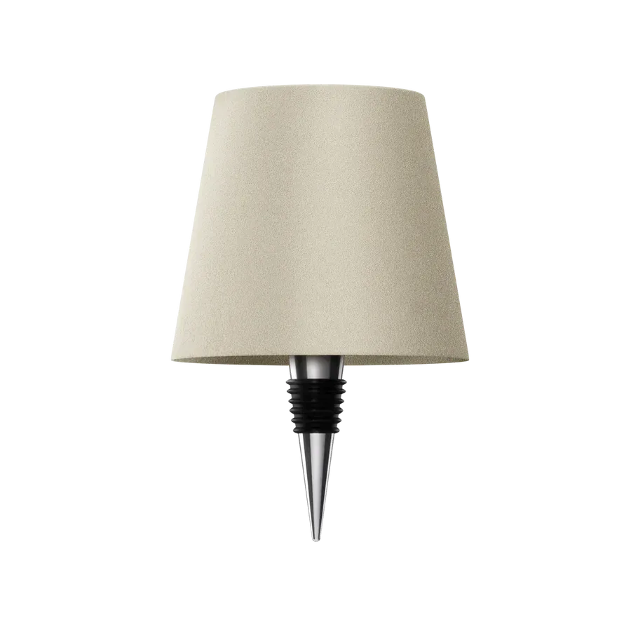 Lampe beige sable avec bouchon en métal et caoutchouc noir, présentée sur fond blanc. 15