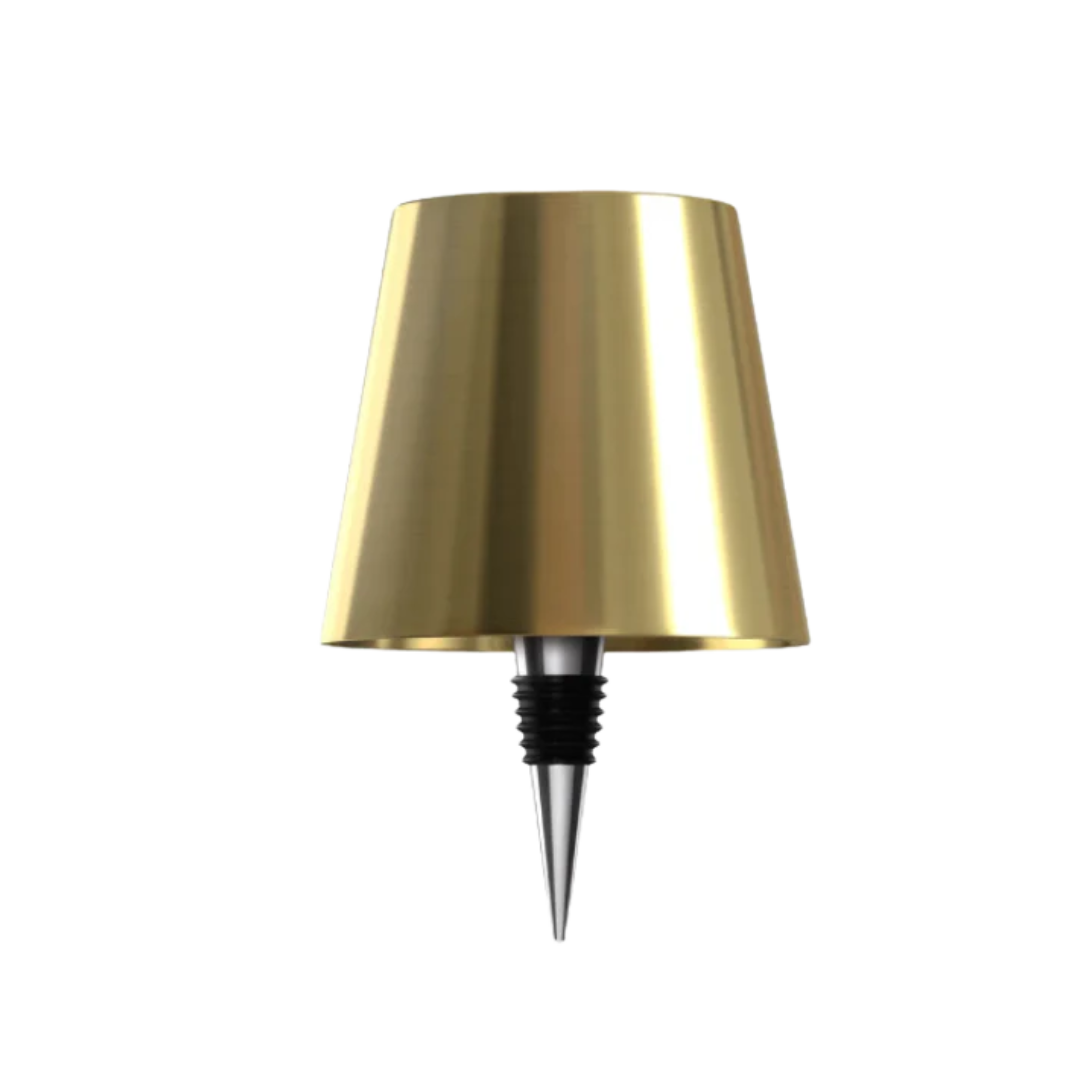 Lampe dorée brillante avec bouchon conique à bague en caoutchouc noir, présentée seule sur fond blanc. 13