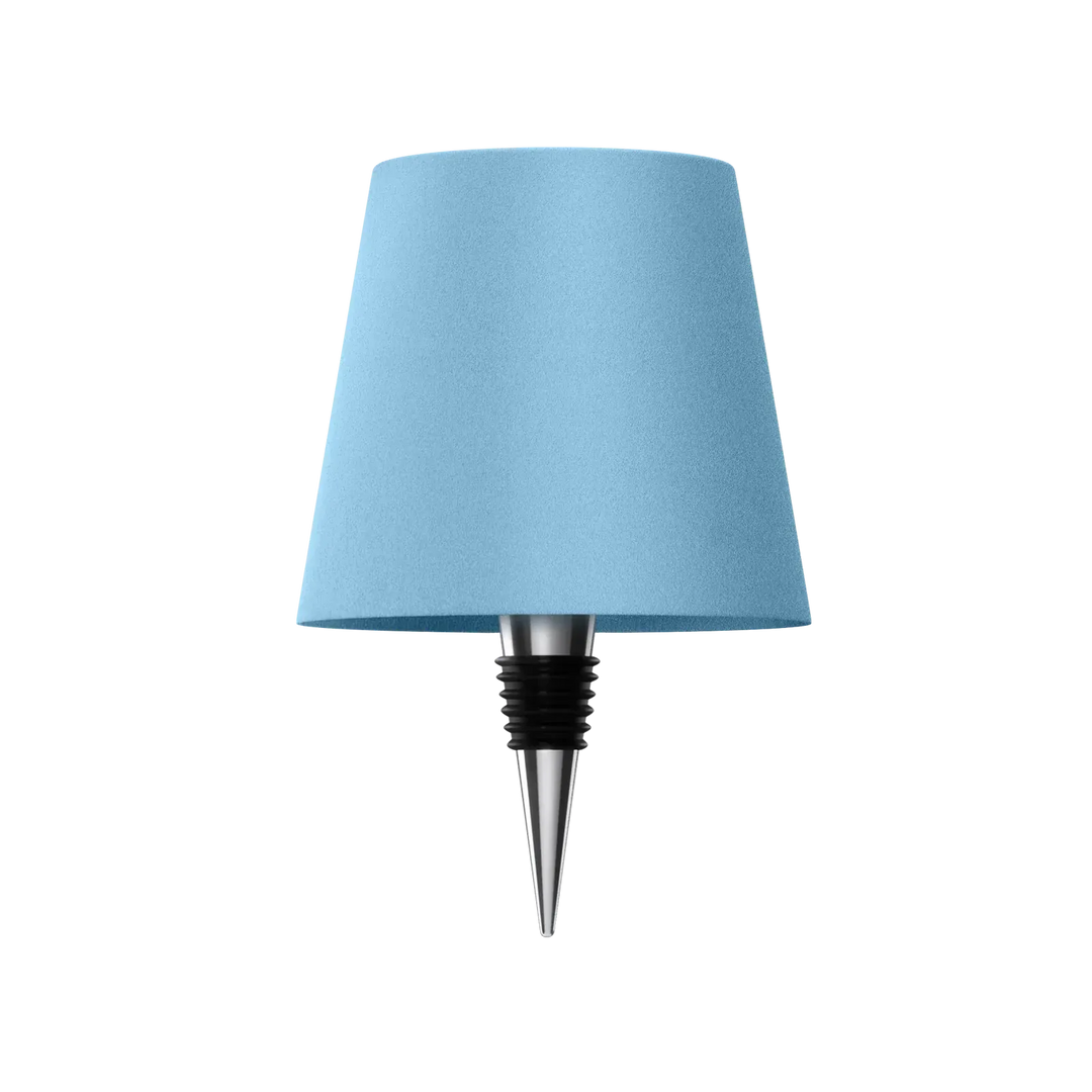 Lampe bleu ciel avec bouchon conique métallique et bague noire, vue de face sur fond blanc. 17