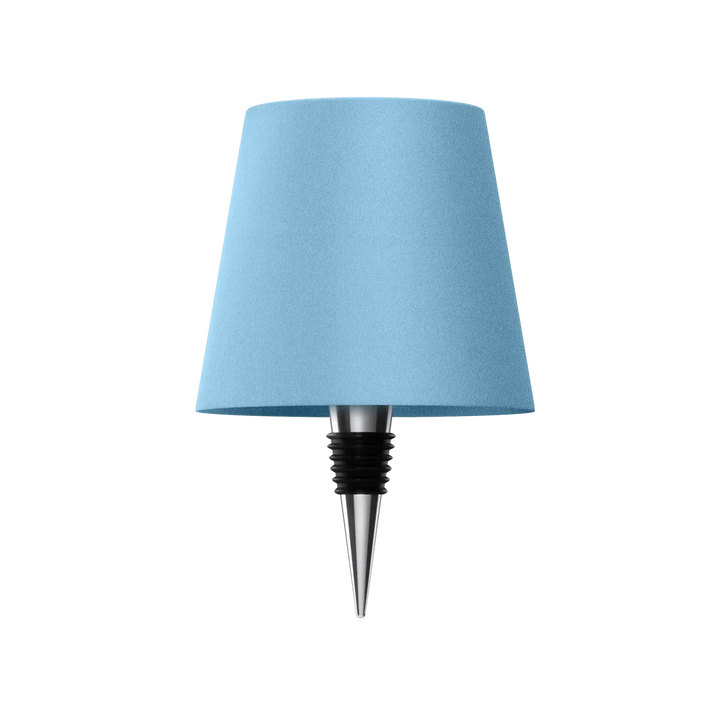 Lampe bleu ciel avec bouchon conique métallique et bague noire, vue de face sur fond blanc. 17