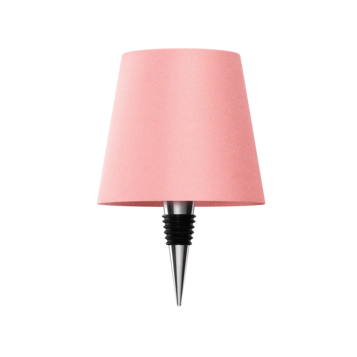 Lampe rose clair avec bouchon conique en métal et caoutchouc noir, présentée seule sur fond blanc. 16