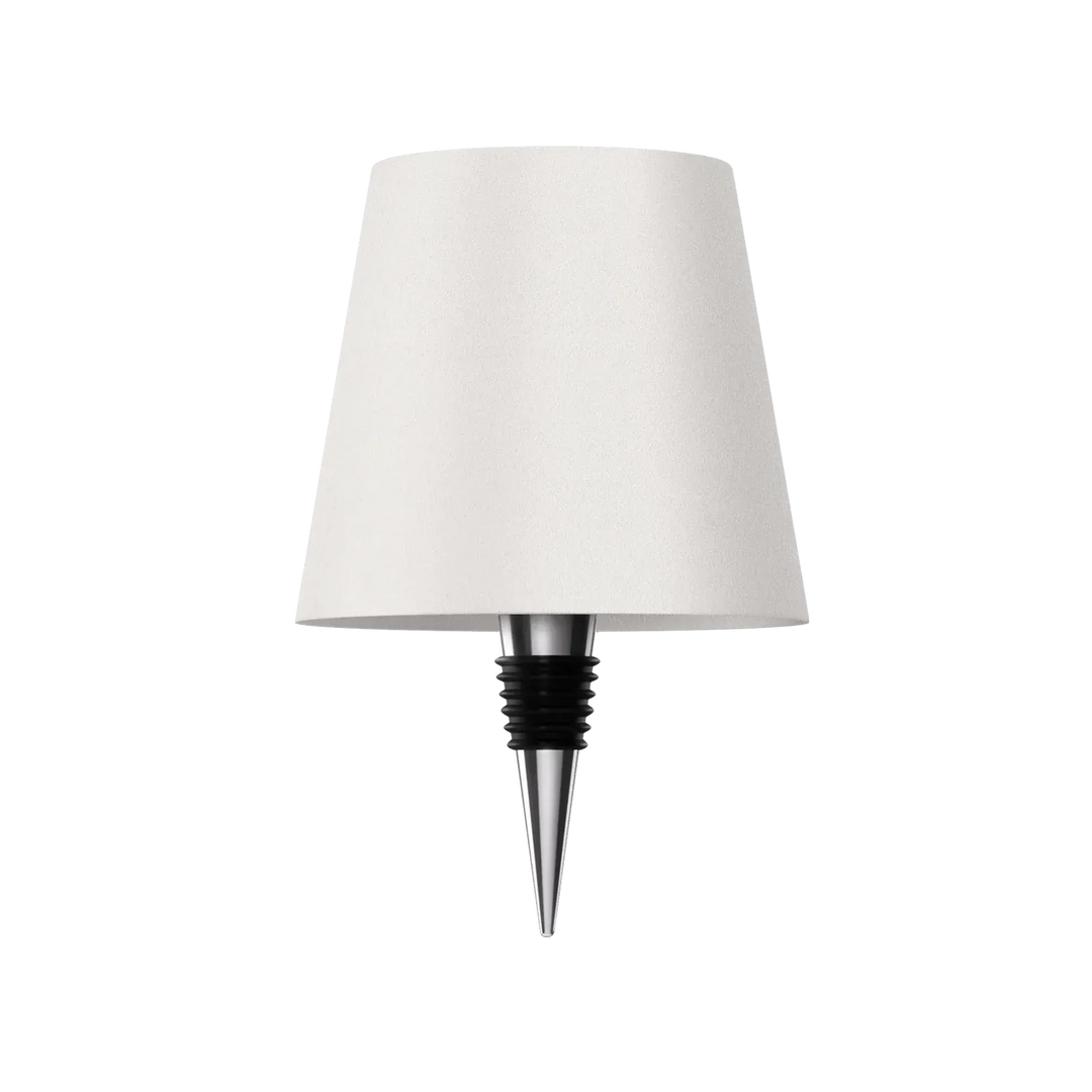 Lampe blanche avec son bouchon conique en métal et caoutchouc noir, vue de face sur fond blanc. 12
