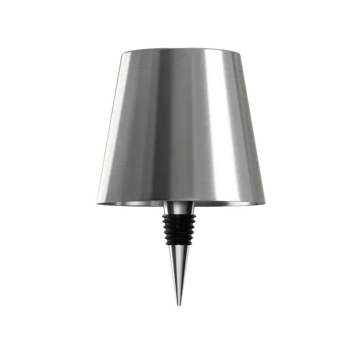 Lampe argentée en métal brossé avec bouchon conique, vue de face sur fond blanc. 14