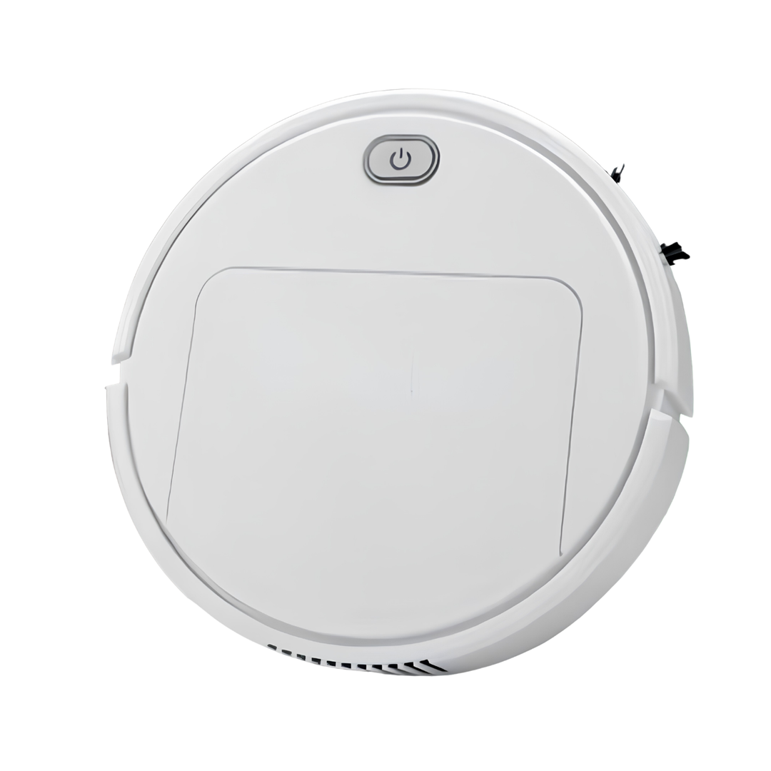 Robot aspirateur blanc de forme ronde vu de dessus sur fond uni, avec son bouton marche-arrêt et son couvercle de bac. 1
