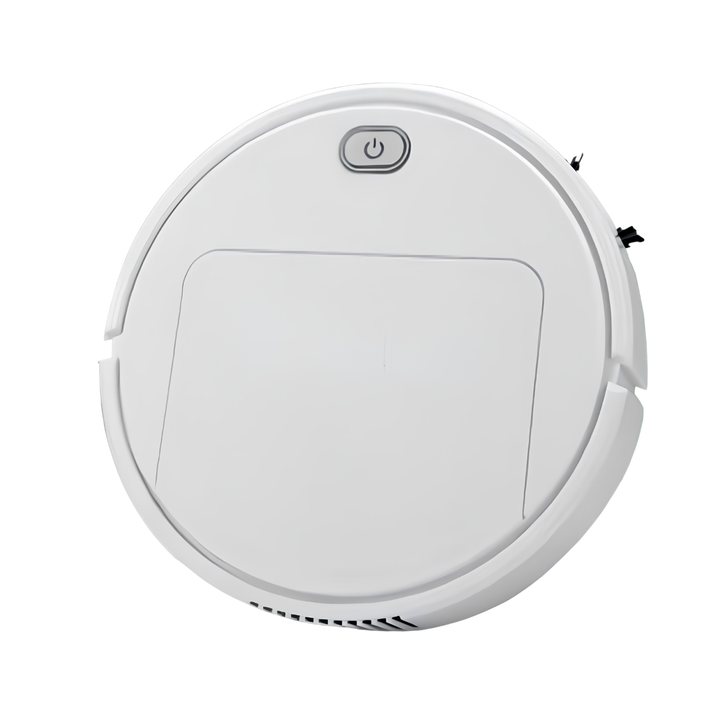 Robot aspirateur blanc de forme ronde vu de dessus sur fond uni, avec son bouton marche-arrêt et son couvercle de bac. 1