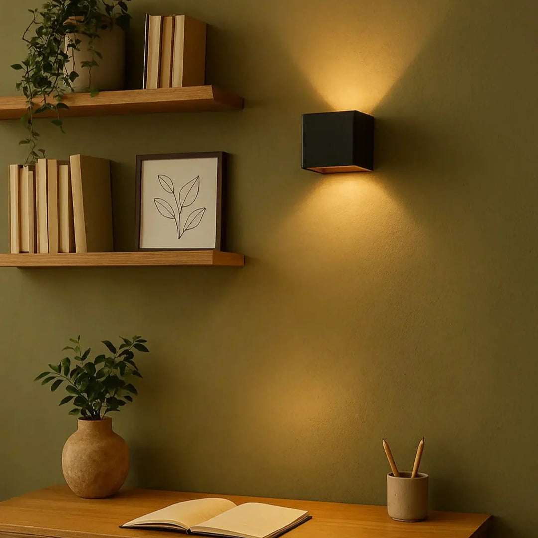 Applique cubique noire allumée sur un mur vert olive, au-dessus d'un bureau en bois avec étagères et plantes 9