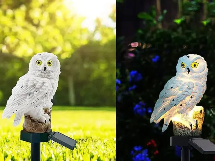 Deux vues du hibou blanc: à gauche éteint dans l'herbe en plein soleil, à droite allumé la nuit devant des fleurs bleues. 9
