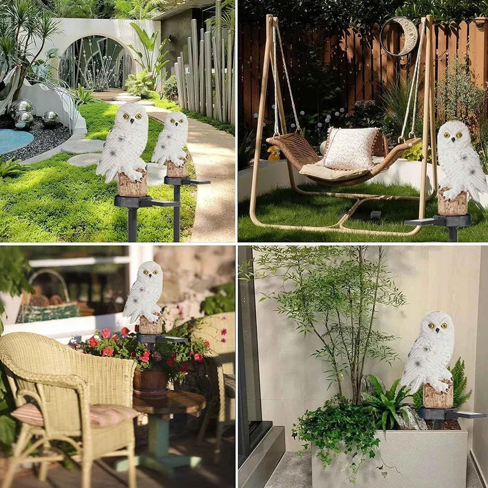 Quatre scènes de jardin et de terrasse montrant le hibou blanc sur piquet près d'une allée, d'une balancelle, de fauteuils et d'une jardinière. 13