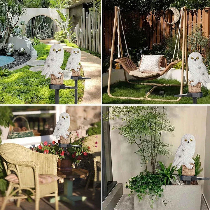 Quatre scènes de jardin et de terrasse montrant le hibou blanc sur piquet près d'une allée, d'une balancelle, de fauteuils et d'une jardinière. 13