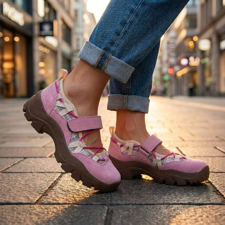 Chaussures roses à lacets fuchsia portées sur un pavé de rue commerçante, avec un jean retroussé. 9