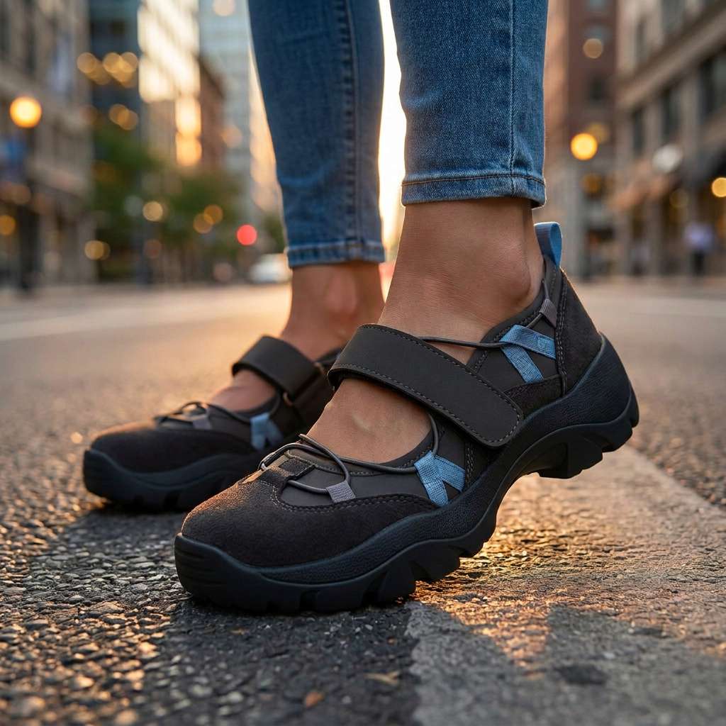 Paire noire à sangles bleues portée sur l'asphalte d'une rue de ville au coucher du soleil, fond de lumières floues. 7
