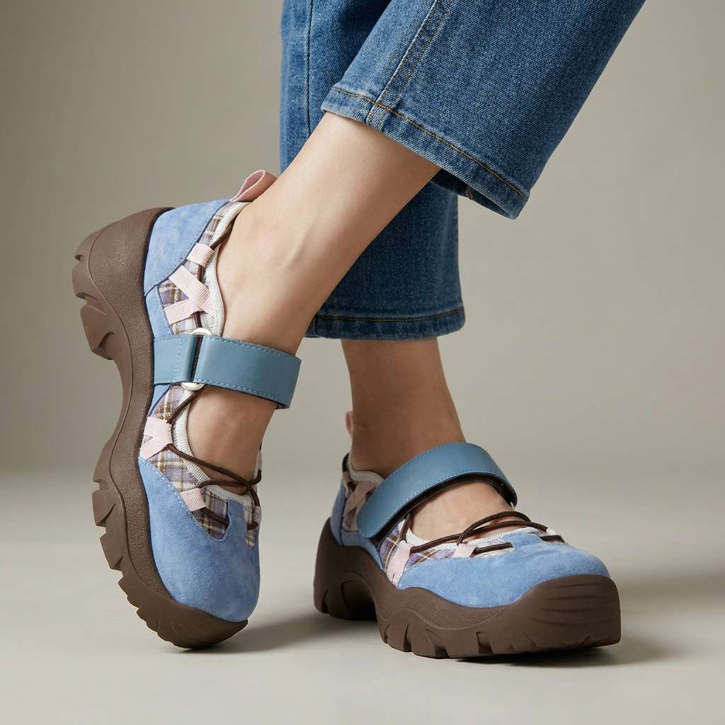 Version bleue en daim avec semelle marron, détails à carreaux et sangles roses, portée avec un jean droit. 3