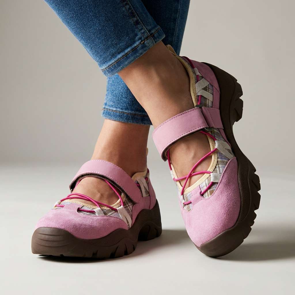 Version rose en daim avec lacets élastiques fuchsia et empiècement à carreaux, portée avec un jean slim sur fond clair. 4