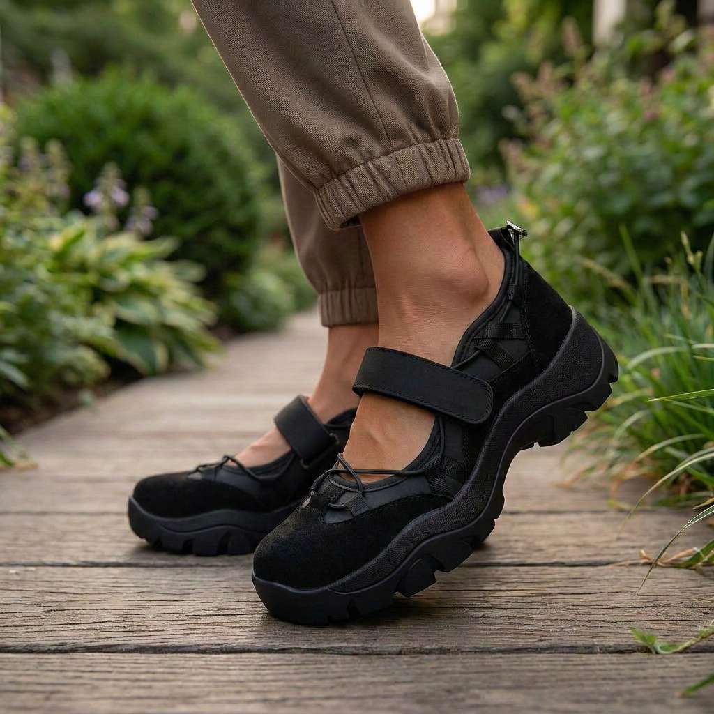 Chaussures noires à bride portées sur une allée en bois bordée de verdure, avec un pantalon beige à bas élastiqué. 10