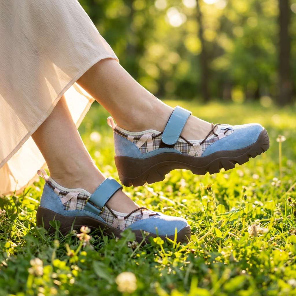 Chaussures bleues à semelle marron et détails à carreaux portées dans l'herbe fleurie, avec une jupe longue crème. 8