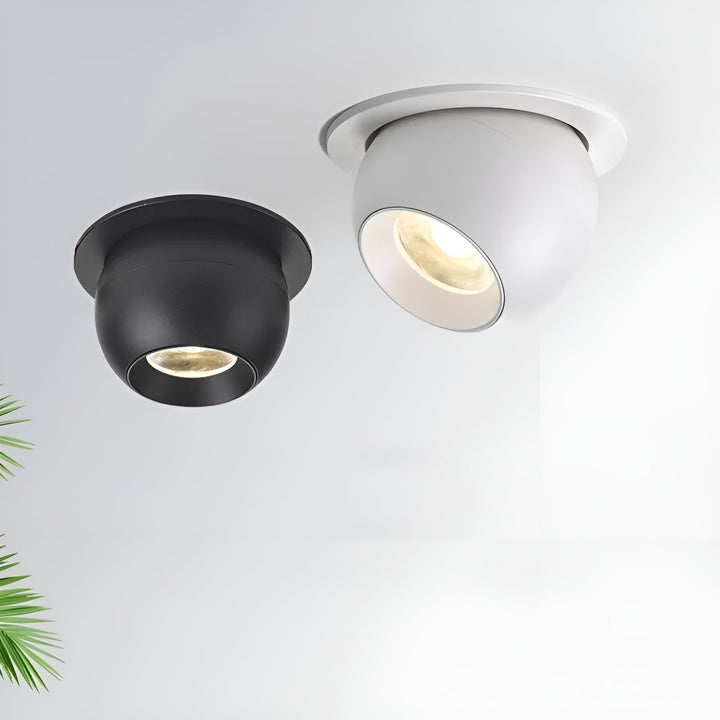 Spots encastrés noir et blanc allumés au plafond, avec une feuille de palmier verte en bas à gauche 7