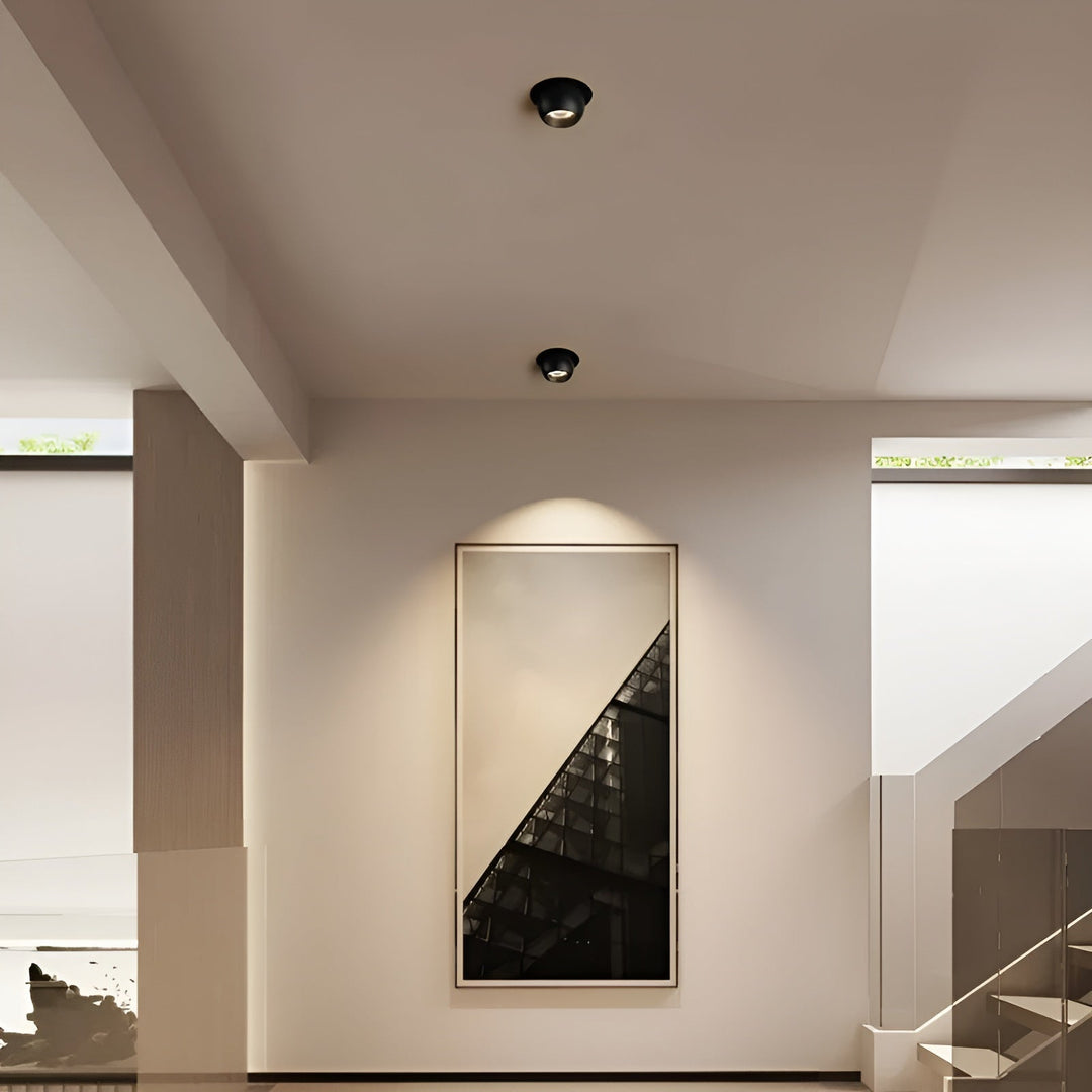 Deux spots noirs encastrés dans le plafond d'un couloir, éclairant un grand tableau encadré près d'un escalier 3