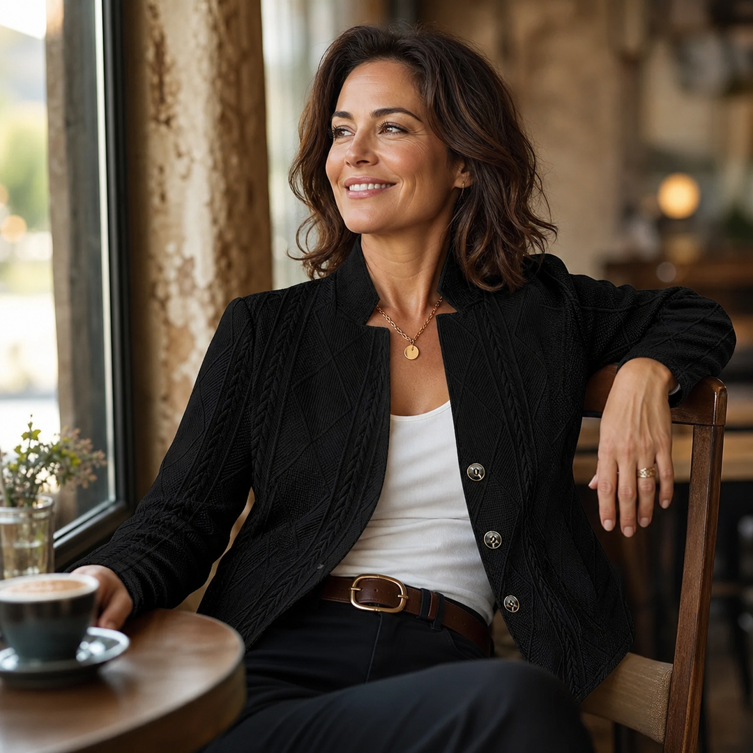Femme souriante assise dans un café, portant le blazer noir texturé sur un haut blanc avec une ceinture marron. 14