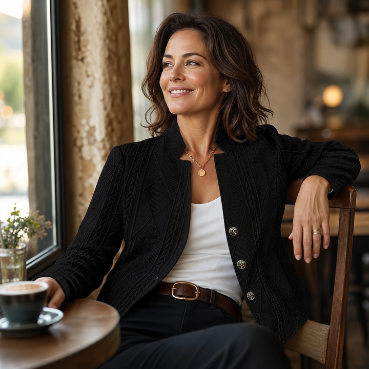 Femme souriante assise dans un café, portant le blazer noir texturé sur un haut blanc avec une ceinture marron. 14