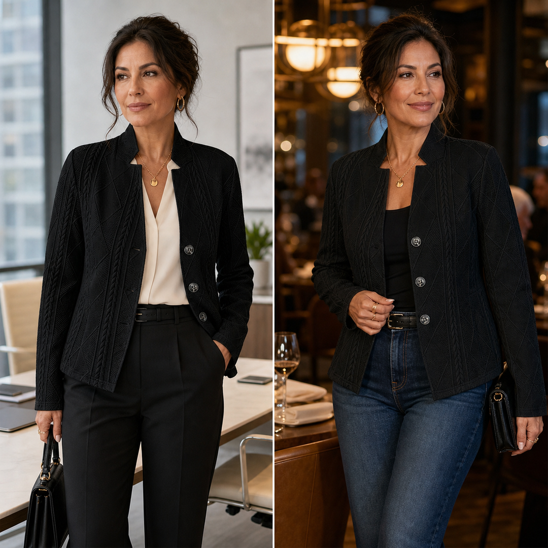 Deux tenues côte à côte avec le blazer noir texturé : l'une au bureau avec pantalon, l'autre au restaurant avec jean. 16