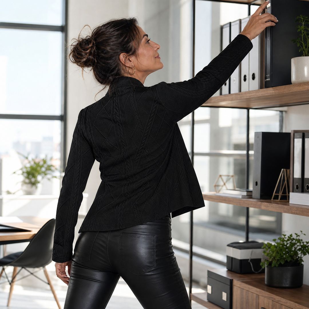 Vue de dos d'une femme au bureau, bras levé vers une étagère, portant le blazer noir texturé et un pantalon en cuir noir. 13