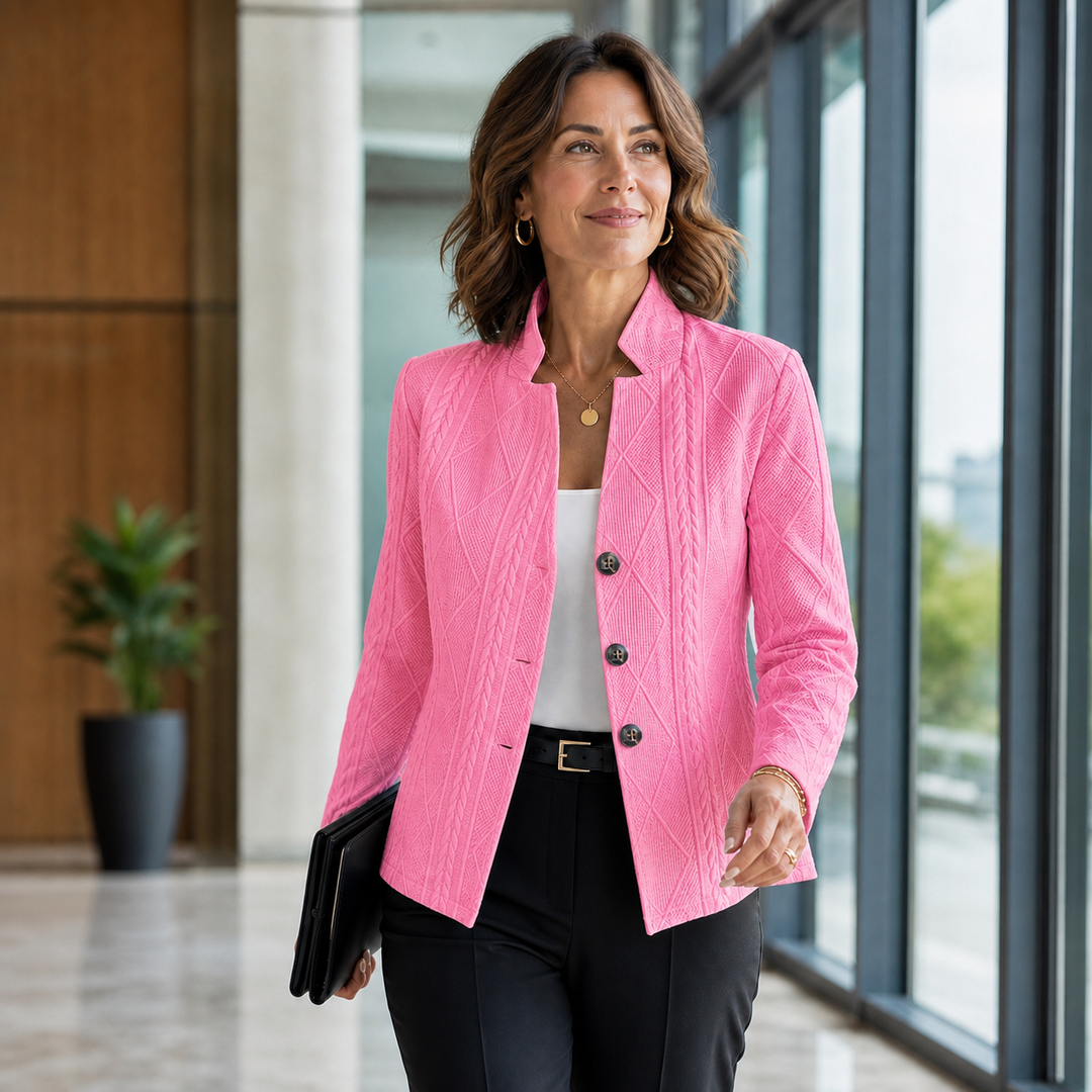 Femme en marche dans un couloir de bureau, portant le blazer rose vif texturé à boutons sur un haut blanc. 8