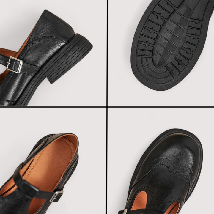 Quatre gros plans de la babies noire : talon et boucle, semelle crantée, intérieur en cuir fauve et bout rond perforé. 6