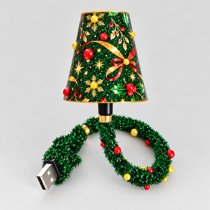 Petite lampe à abat-jour vert à motifs de Noël dorés et rouges, câble USB entouré de guirlande verte, sur fond uni. 1