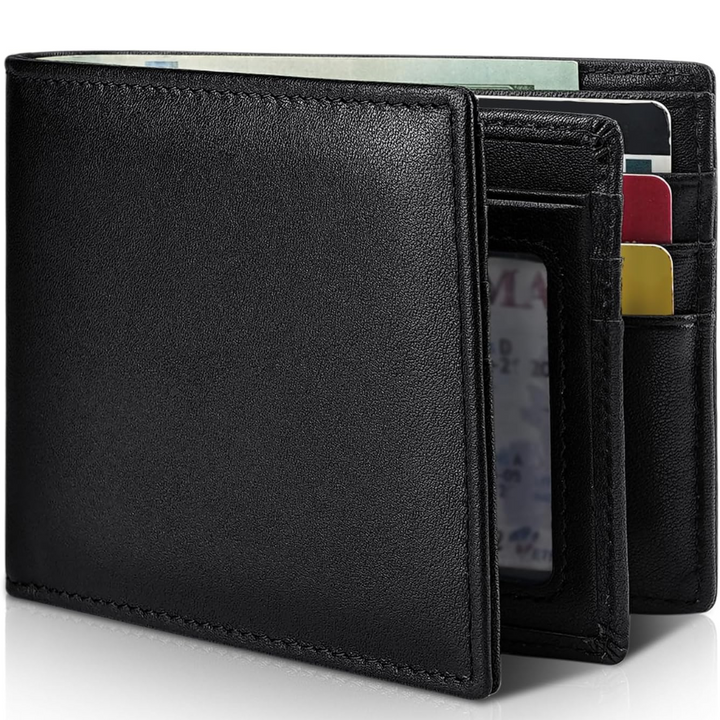 Portefeuille en cuir noir lisse entrouvert, laissant voir des billets, plusieurs cartes colorées et la fenêtre transparente pour la pièce d'identité. 6