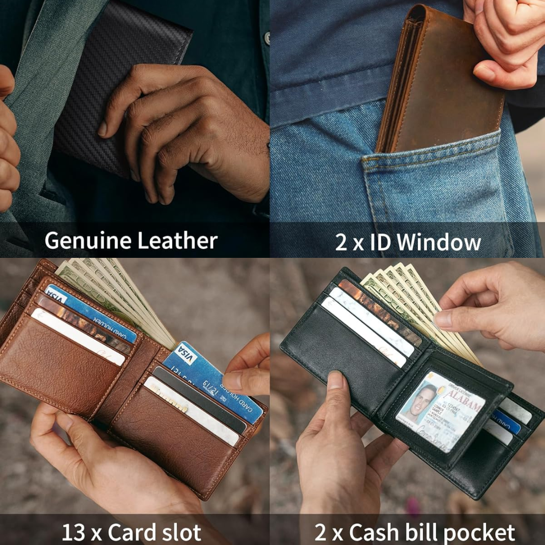 Quatre vues en mosaïque : portefeuille sorti d'une veste et d'une poche de jean, puis ouvert avec cartes, billets et fenêtre d'identité. 8