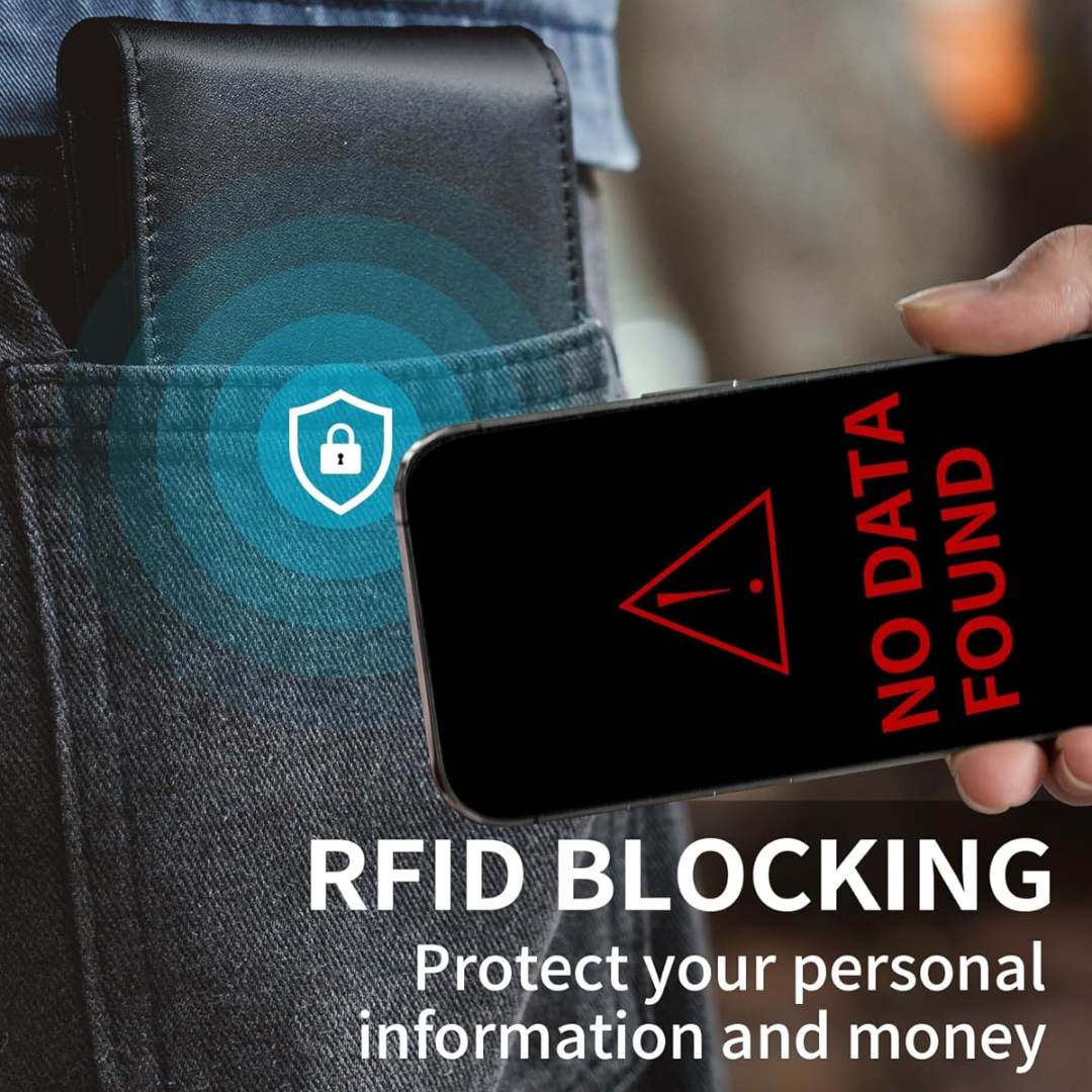 Portefeuille noir dépassant d'une poche de jean, devant un smartphone qui n'affiche aucune donnée, pour illustrer la protection contre le piratage RFID. 9