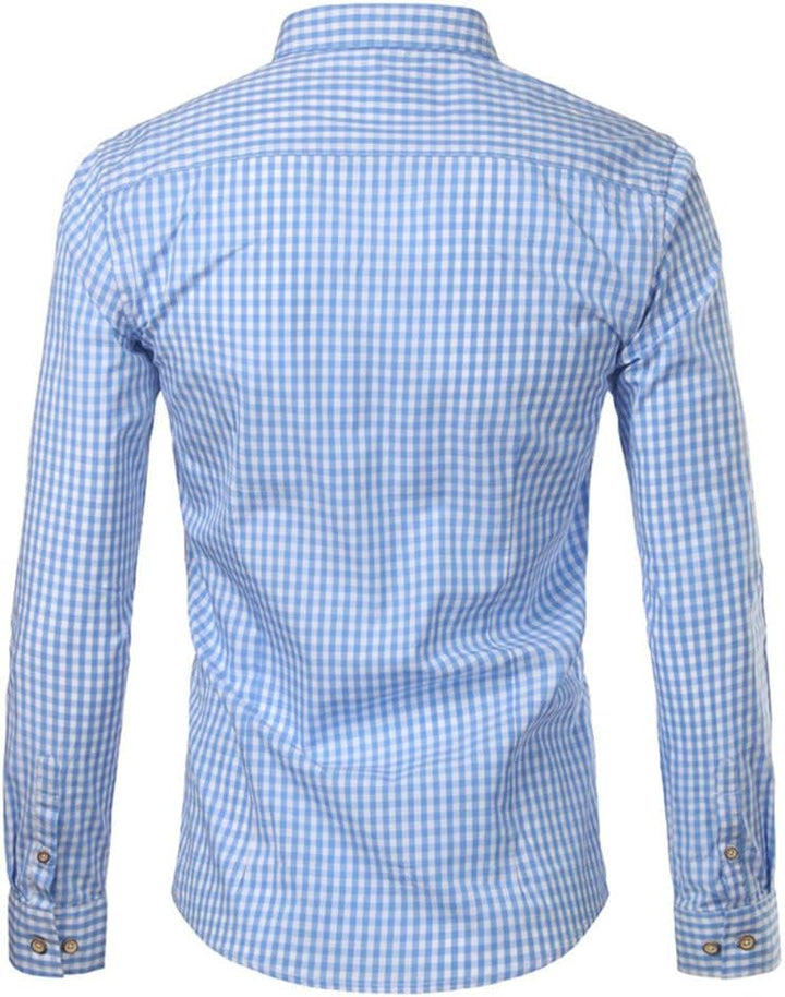Dos de la chemise à carreaux bleu ciel, avec empiècement d'épaules et poignets boutonnés, présentée à manches longues. 3