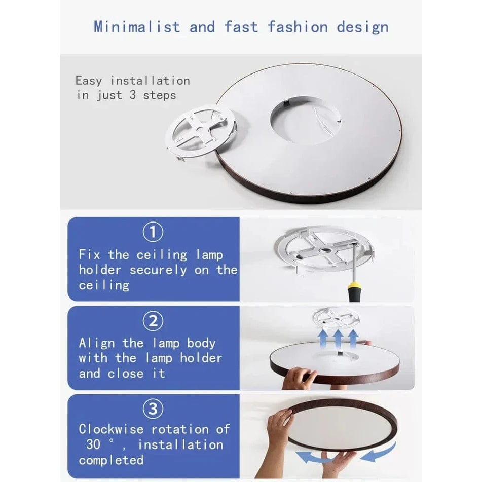 Dos du luminaire avec son support de fixation blanc et les trois étapes d'installation illustrées par des mains. 5