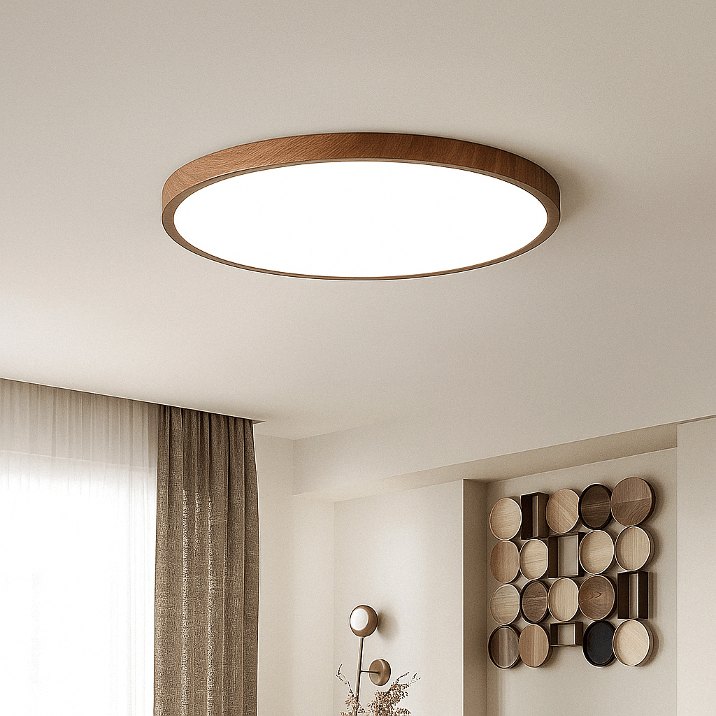 Grand plafonnier rond à cadre brun allumé au plafond d'un salon beige, avec rideau et décor mural en disques de bois. 11