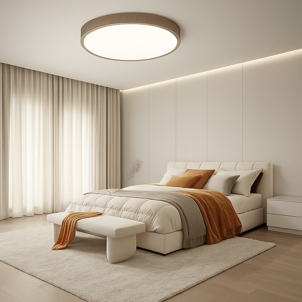 Plafonnier rond à cadre bois grisé allumé au-dessus d'un lit blanc aux coussins orange, dans une chambre épurée. 12
