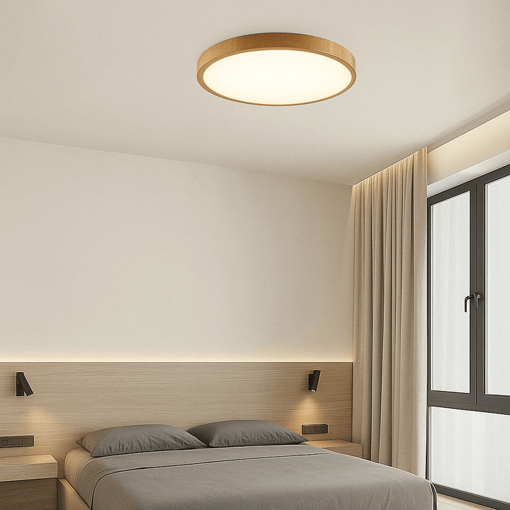 Plafonnier rond à cadre bois clair allumé dans une chambre moderne avec tête de lit en bois, liseuses et rideau beige. 13