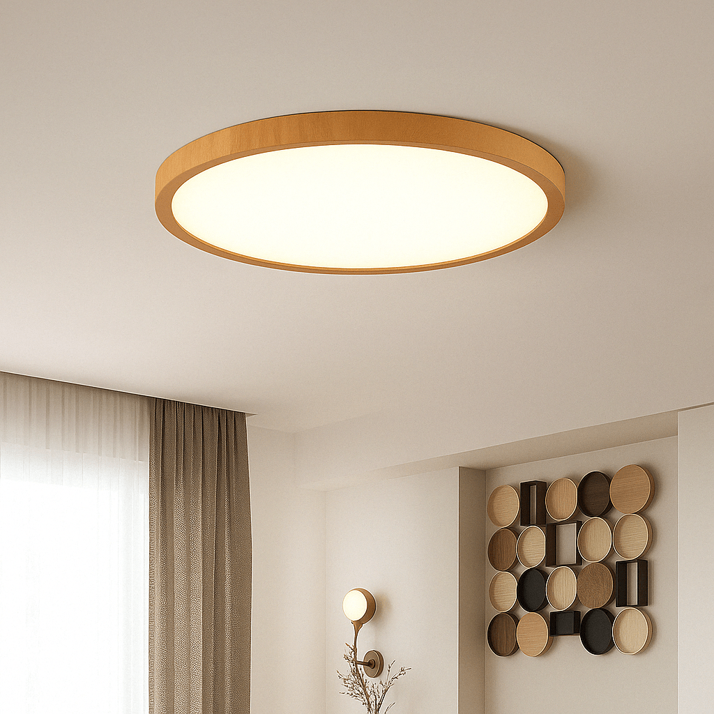 Plafonnier rond à cadre bois doré, allumé en lumière chaude, dans un salon beige avec décor mural en disques de bois. 14