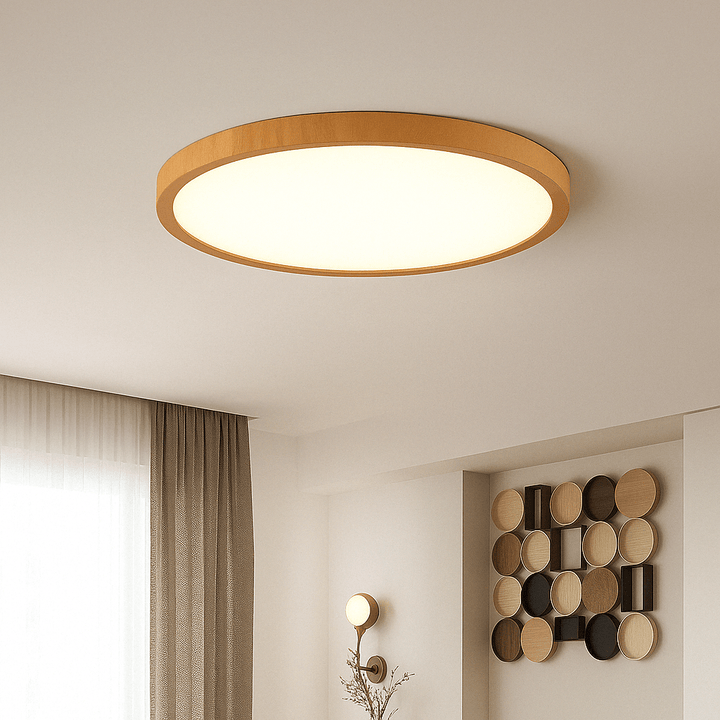 Plafonnier rond à cadre bois doré, allumé en lumière chaude, dans un salon beige avec décor mural en disques de bois. 14